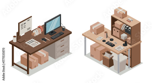 Isometric office workspace with delivery boxes and supplies