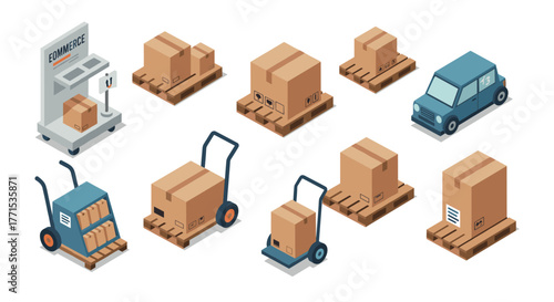 Isometric ecommerce logistics with delivery boxes pallets and cart
