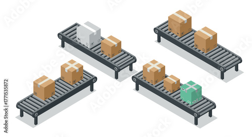 Isometric conveyor belts with boxes in motion on white background