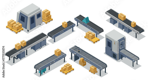 Isometric conveyor belt system with packages and machinery