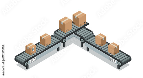 Isometric conveyor belt with cardboard boxes for logistics and industrial automation