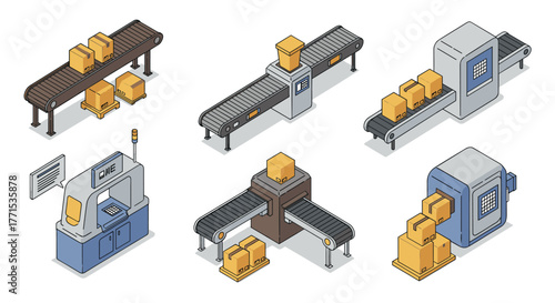 Isometric conveyor system with boxes and machinery for efficient automation
