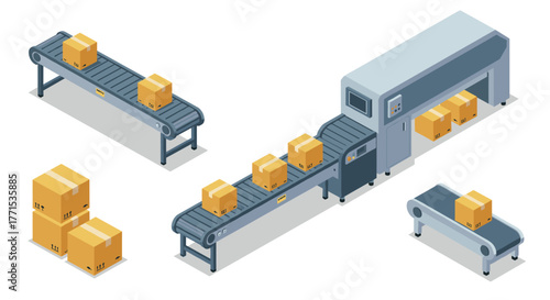 Automated conveyor belt system with cardboard boxes in modern industrial setting