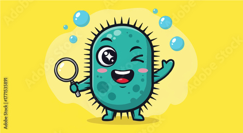 Adorable Winking Germ or Bacteria Character Holding a Magnifying Glass with Bubbles, Representing Fun Microorganism Discovery