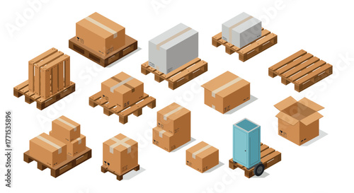 Isometric pallets and cardboard boxes collection for shipping and logistics