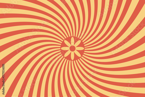 Retro swirl starburst with groovy wavy spiral rays and flower. Yellow and orange abstract sun background for retro 60s and 70s posters and wallpaper design.