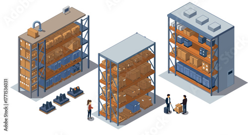 Isometric warehouse storage scene with shelves and cartons