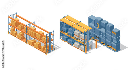Isometric warehouse shelving with boxes and industrial equipment