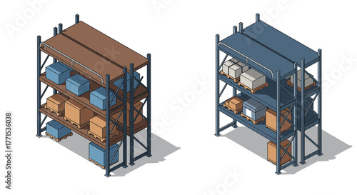 Isometric warehouse shelves with boxes and pallets for inventory management