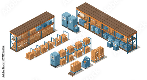 Isometric warehouse storage system with shelves and boxes