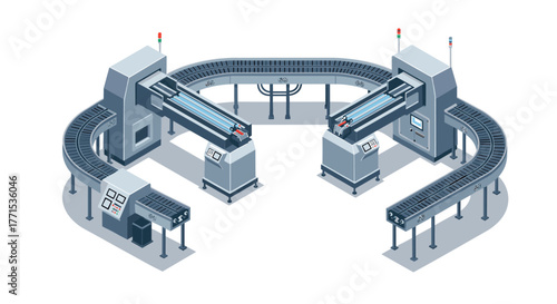 Isometric automated conveyor system in modern factory setting