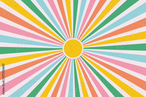 Groovy starburst with colorful rays. Abstract disco striped background. Orange, pink and green sun retro psychedelic design.