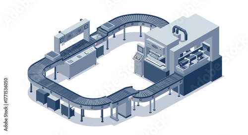 Isometric automated assembly line with robotic conveyor system in blue tones