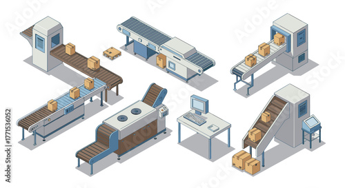 Modern isometric factory equipment with industrial conveyor system and storage solutions