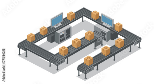 Isometric conveyor belt system with cardboard boxes and computers