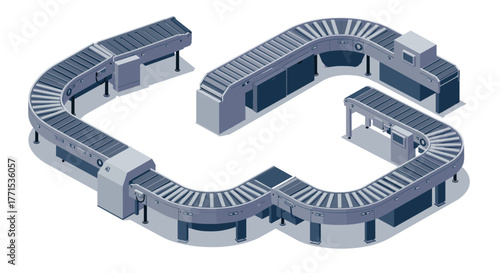 Isometric conveyor belt system with automatic packaging on white background
