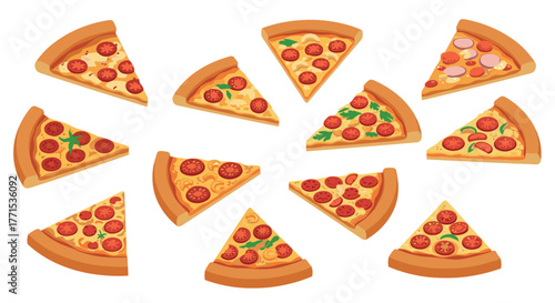 Variety of tasty pizza slices with delicious toppings in a flat design