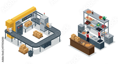 Isometric factory and restaurant interior with conveyor and kitchen equipment