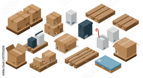 Isometric shipping boxes and pallets collection on white background