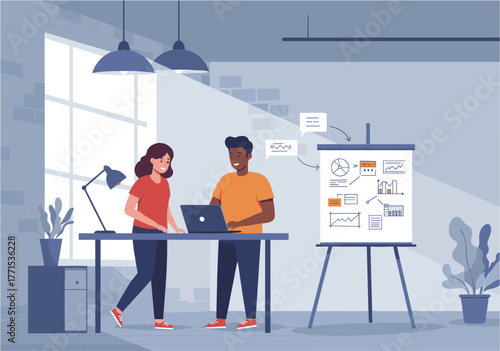 Collaborative teamwork session office space digital presentation modern environment engaged viewpoint