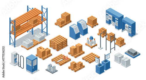 Isometric warehouse elements with pallets and boxes for logistics design