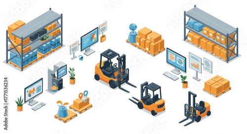 Isometric warehouse technology with forklifts and storage solutions