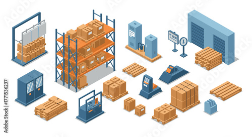 Isometric warehouse equipment and boxes in modern logistic facility layout