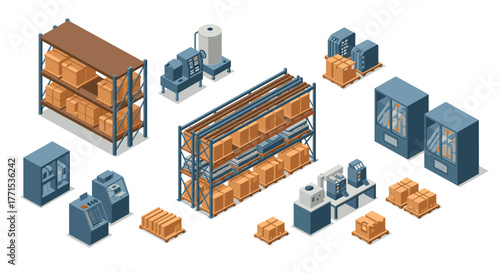 Isometric warehouse elements with equipment and storage solutions for industrial design