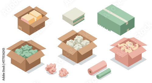 Isometric cardboard boxes and packing materials set in soft pastel colors