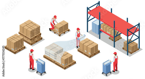 Isometric warehouse workers managing inventory and logistics in a fulfillment center