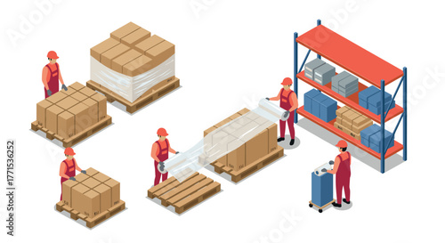 Isometric warehouse operations featuring workers packing boxes and organizing shelves