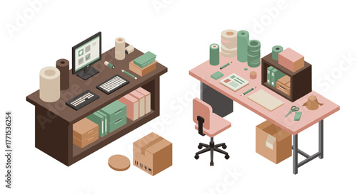 Isometric home office setup with dual desks and stationery in pastel tones