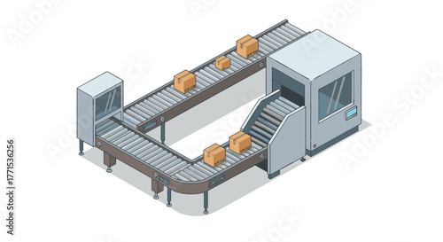 Automated conveyor belt system with packaging boxes in modern isometric design