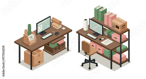 Isometric home office desk with storage and office supplies