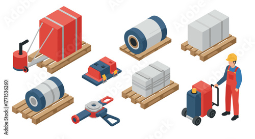 Isometric warehouse equipment and packaging elements for supply chain management