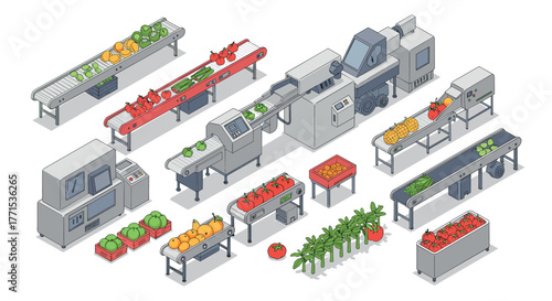 Modern factory production line with automated food processing machines and conveyors