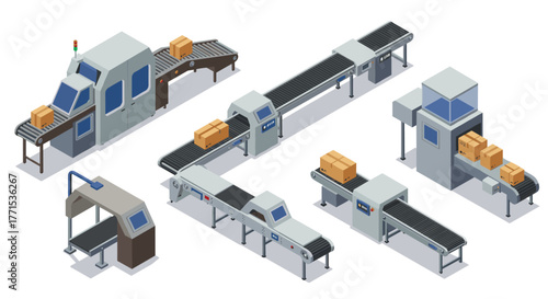 Modern isometric factory assembly line with conveyor belts and automation technology