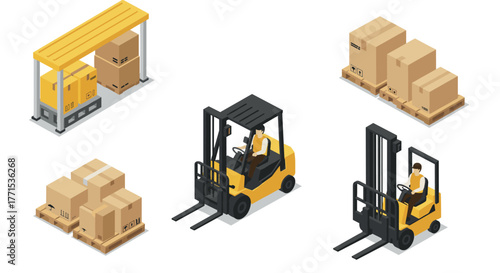 Isometric warehouse equipment and box storage operations