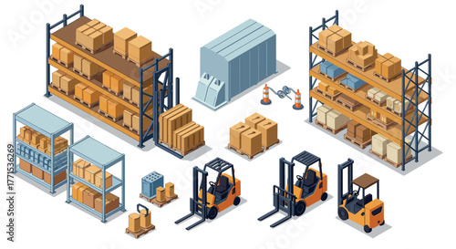 Modern isometric warehouse scene with forklifts and storage shelves