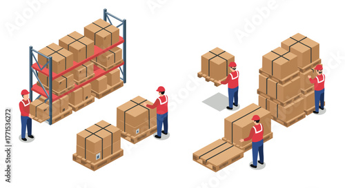 Warehouse workers organizing and stacking cardboard boxes on racks and pallets in isometric style