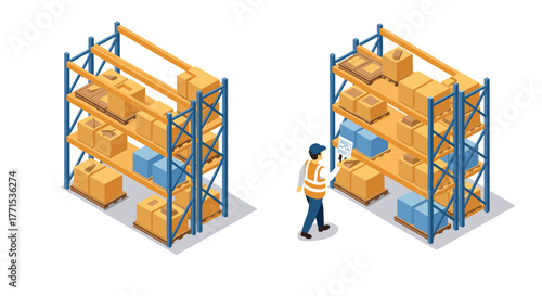 Warehouse organization worker managing inventory on industrial shelving