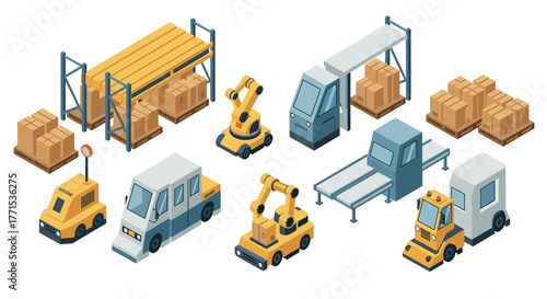 Isometric warehouse automation with robots and delivery vehicles