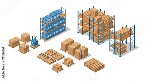 Isometric warehouse setup with shelves, pallets, and forklift