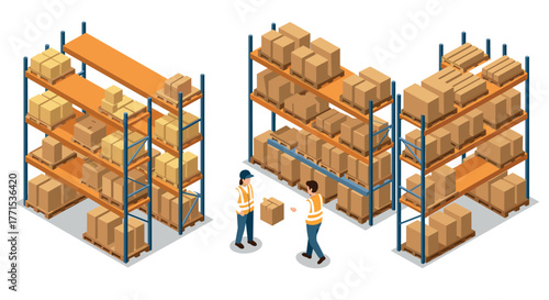 Workers organize boxes on warehouse shelves in isometric style