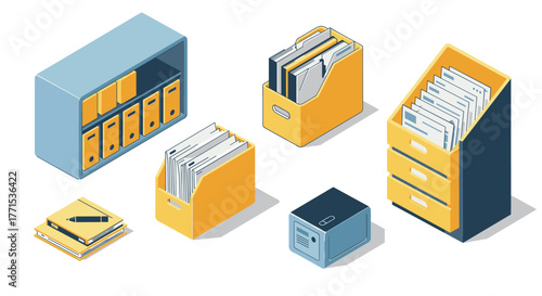 Isometric office storage solutions modern organizational tools for efficient workspace