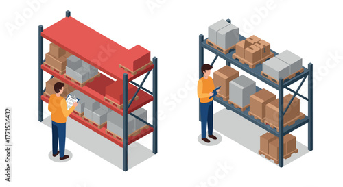 Isometric warehouse shelving with worker managing inventory and checking stock levels