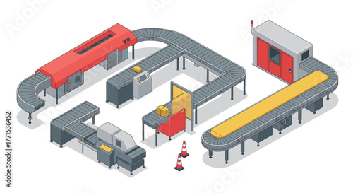 Isometric conveyor belt system with automated packaging machines and safety cone