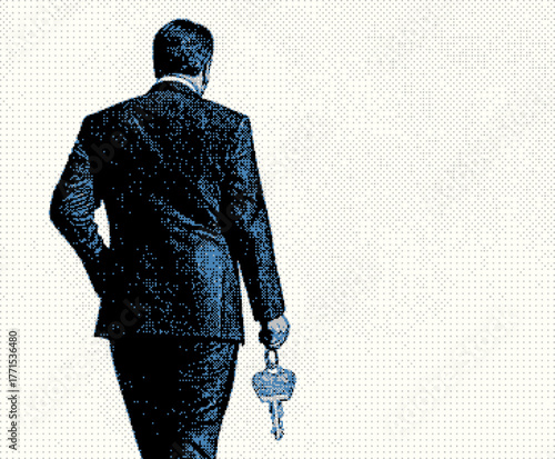 A suited figure holding keys walks away against a blank background in a minimalist style.