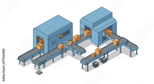 Efficient isometric conveyor belt system with automated package sorting machines