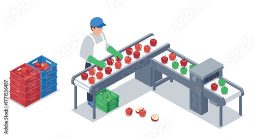 Isometric fruit sorting conveyor process with worker handling apples